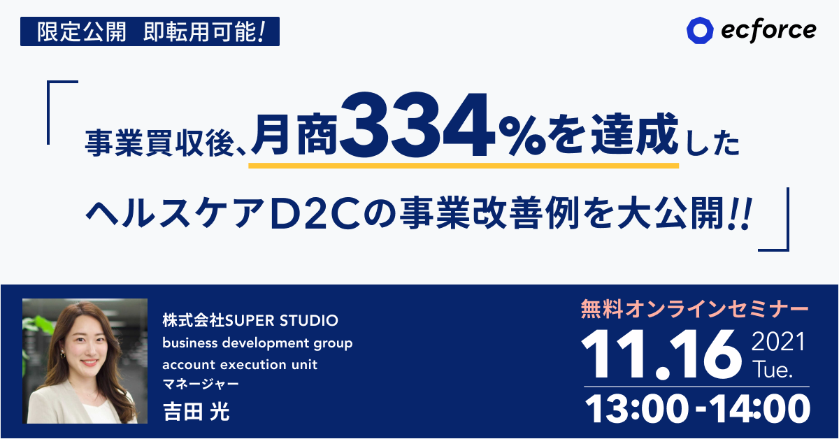 【ご好評につき再度開催】即転用可能!事業買収後、月商334%を達成したヘルスケアD2Cの事業改善事例を大公開!!